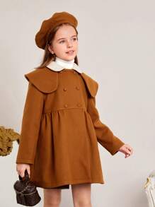 Tween Girl Statement Collar Double Breasted Overcoat - Brown - View 1