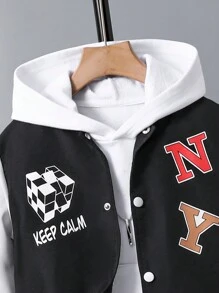 SHEIN Tween Boy Letter Graphic Colorblock Varsity Jacket & Pants Without Hoodie