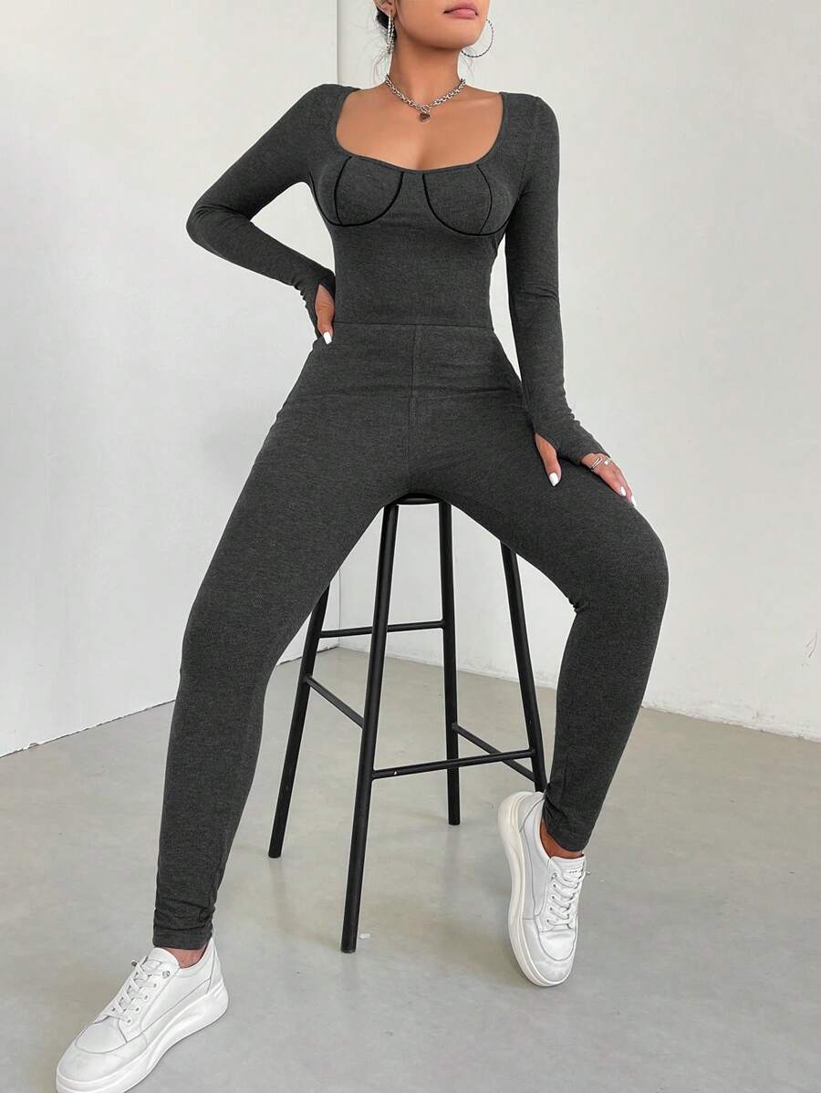 SHEIN Essnce Solid Scoop Neck Bustier Unitard Jumpsuit - Grey - View 1