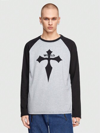 Goth Guys Cross & Letter Graphic Raglan Sleeve Tee