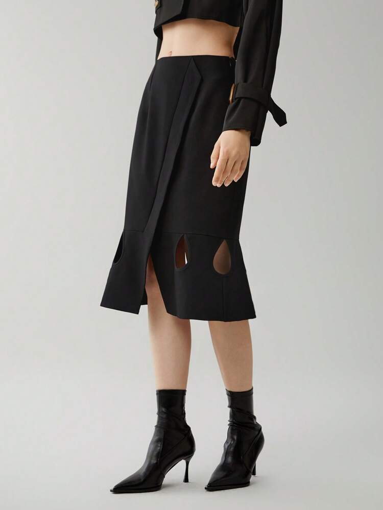 Solid Cut Out Detail Split Hem Skirt