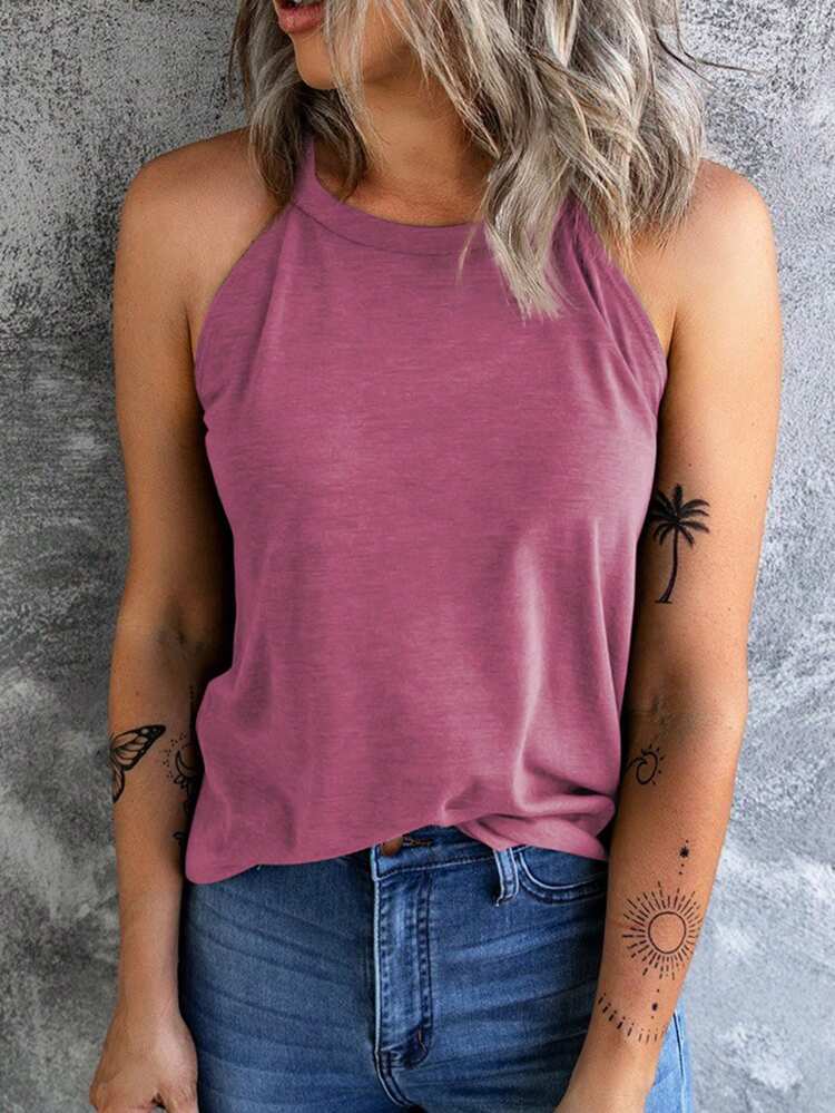 CILKOO Casual Solid Color Halter Neck Top For Summer