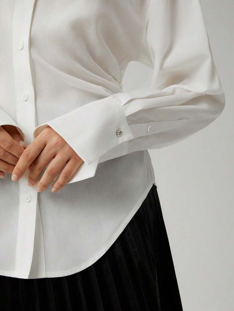 Solid Ruched Button Front Drop Shoulder Shirt Fall Cloth For Women
