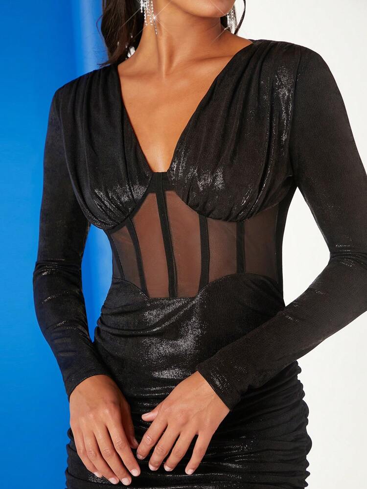 Mesh Insert Ruched Seam Front  Bodycon Dress