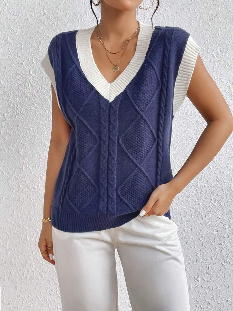 SHEIN LUNE Contrast Trim Cable Knit Sweater Vest - Navy Blue - View 1