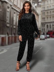 SHEIN LUNE Allover Print Velvet Sweatshirt & Sweatpants - Black - View 5