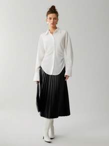 Solid Ruched Button Front Drop Shoulder Shirt Fall Cloth For Women - White - View 6