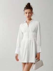 Anewsta Solid Zip Up Shirt Dress - Beige - View 1
