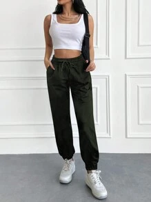 RueChic Solid Drawstring Waist Slant Pocket Sweatpants - Army Green - View 4