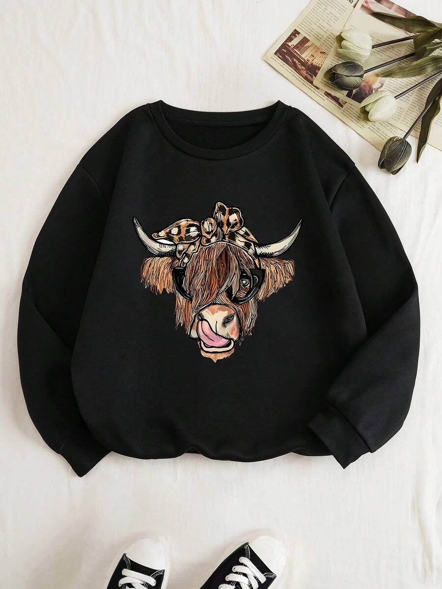 SHEIN EZwear Cow Print Thermal Lined Sweatshirt - Black - View 1