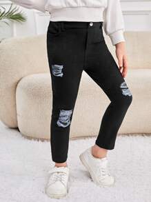 SHEIN Young Girl Denim Effect Trousers - Black - View 1