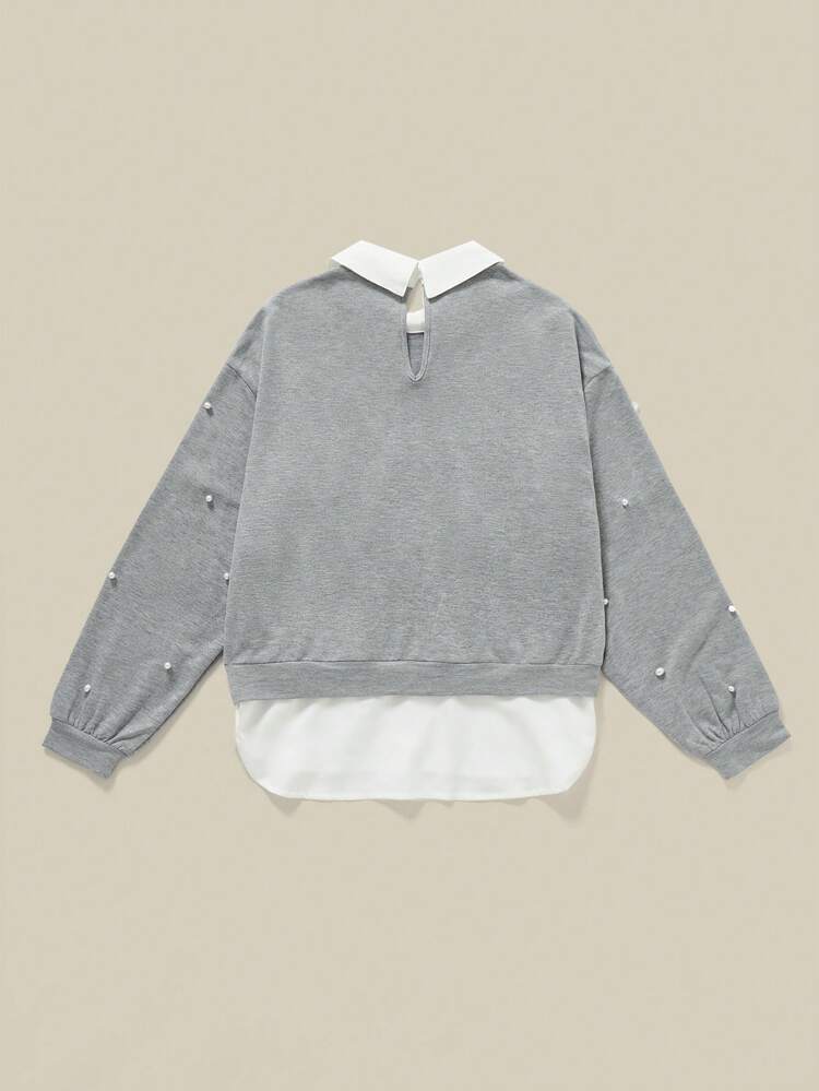 Teen Girl Contrast Collar Pearls Beaded Detail 2 In 1 Sweatshirt