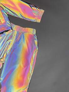 SHEIN Young Girl Holographic Zip Up Jacket & Pants - Multicolor - View 4