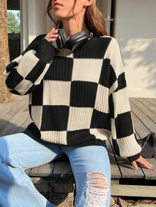 SHEIN EZwear Mô hình bàn cờ Thả vai Áo len - Màu be - Xem 6