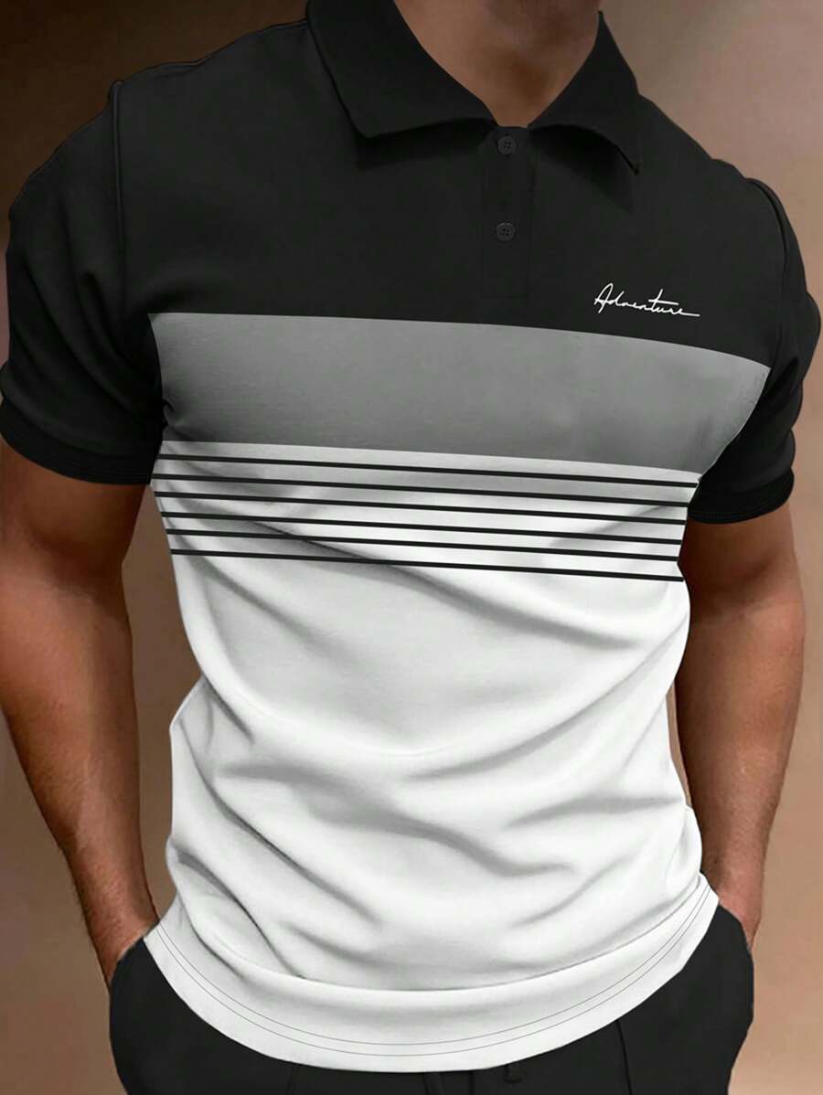 Manfinity Homme 男士條紋和字母圖案撞色POLO衫 - 彩色 - 查看 1