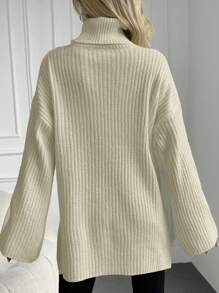 EURMUSE High Neck Drop Shoulder Split Hem Sweater - Beige - View 2