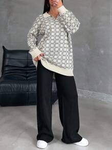 Cloudara Allover Pattern Drop Shoulder Sweater & Knit Pants - Black and White - View 4