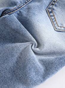 SHEIN Explorewe 男童休閒現代街頭風貓鬍鬚刺繡細節可調式鬆緊腰五口袋牛仔褲 夏季校園穿搭 - 深色水洗藍 - 查看 5