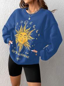 SHEIN EZwear 日月圖案落肩袖運動衫 - 寶藍色 - 查看 4