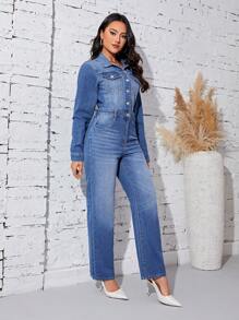 SHEIN Privé Flap Pocket Button Front Denim Jumpsuit