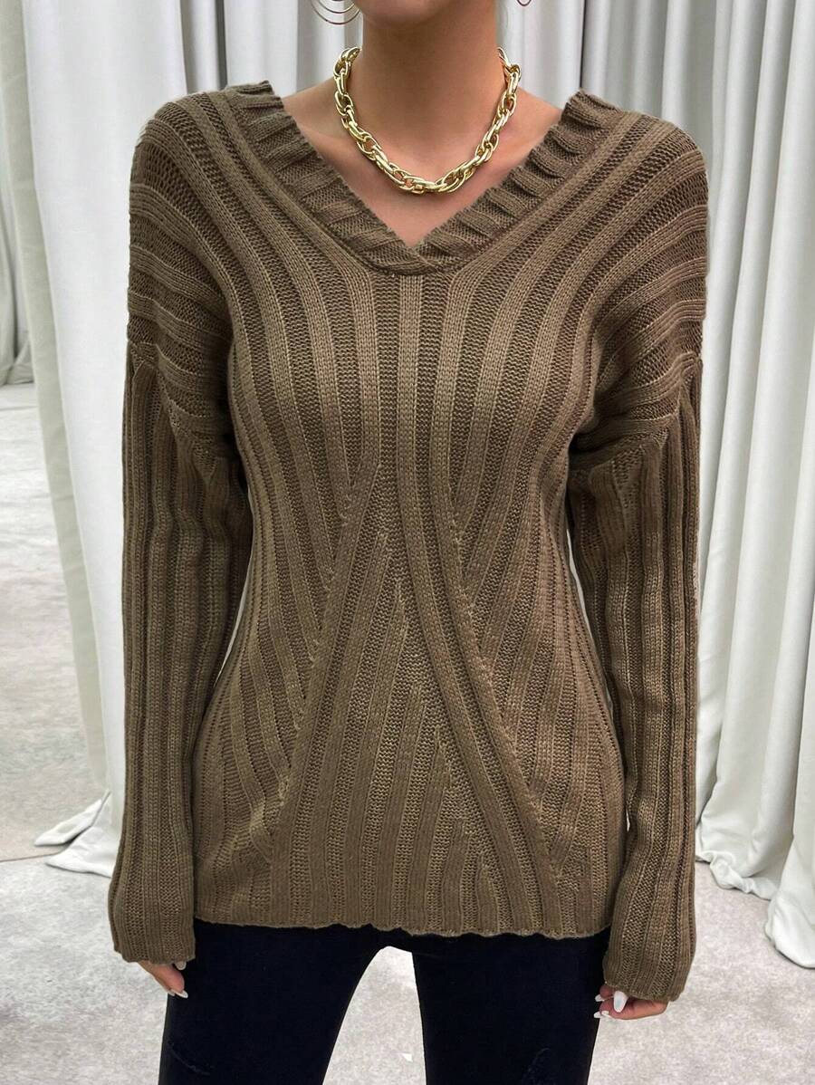 Chiquease Solid Drop Shoulder Ribbed Knit Sweater Knit Pullover Fall Winter Outfit