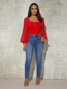 SHEIN SXY Camicetta collo a cuore manica a lanterna con nodo frontale chiffon