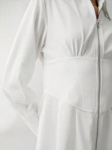 Anewsta Solid Zip Up Shirt Dress - Beige - View 3