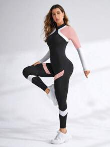 SHEIN Sport Studio Colorblock Half Zip Front Slim Fit Sports Jumpsuit Full