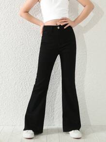 SHEIN Explorewe Tween Girl 全新休闲时尚洗水牛仔喇叭裤 - 黑色 - 查看 5