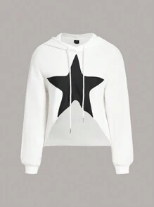 SHEIN ICON 星星刺繡落肩袖抽繩連帽衫 - 白色 - 查看 1