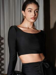 Anewsta Solid Crop Tee & Split Thigh Belted Skirt Set - Black - View 6