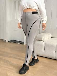 SHEIN Essnce 大碼拼接滾邊前拉鏈緊身打底褲 - 灰色 - 查看 3