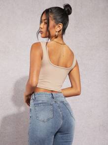 SHEIN BAE 素色褶邊背心上衣 - 卡其色 - 查看 2