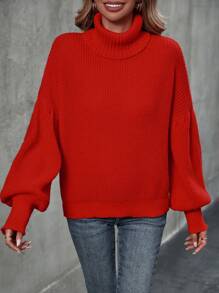 SHEIN LUNE 新年高领灯笼袖毛衣 秋冬针织套头衫 - 紅色 - 查看 5