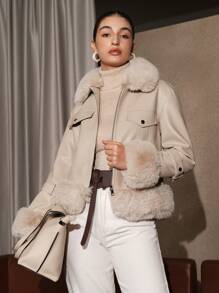 Anewsta Flap Detail Fuzzy Panel Zipper Up Jacket - Beige - View 1