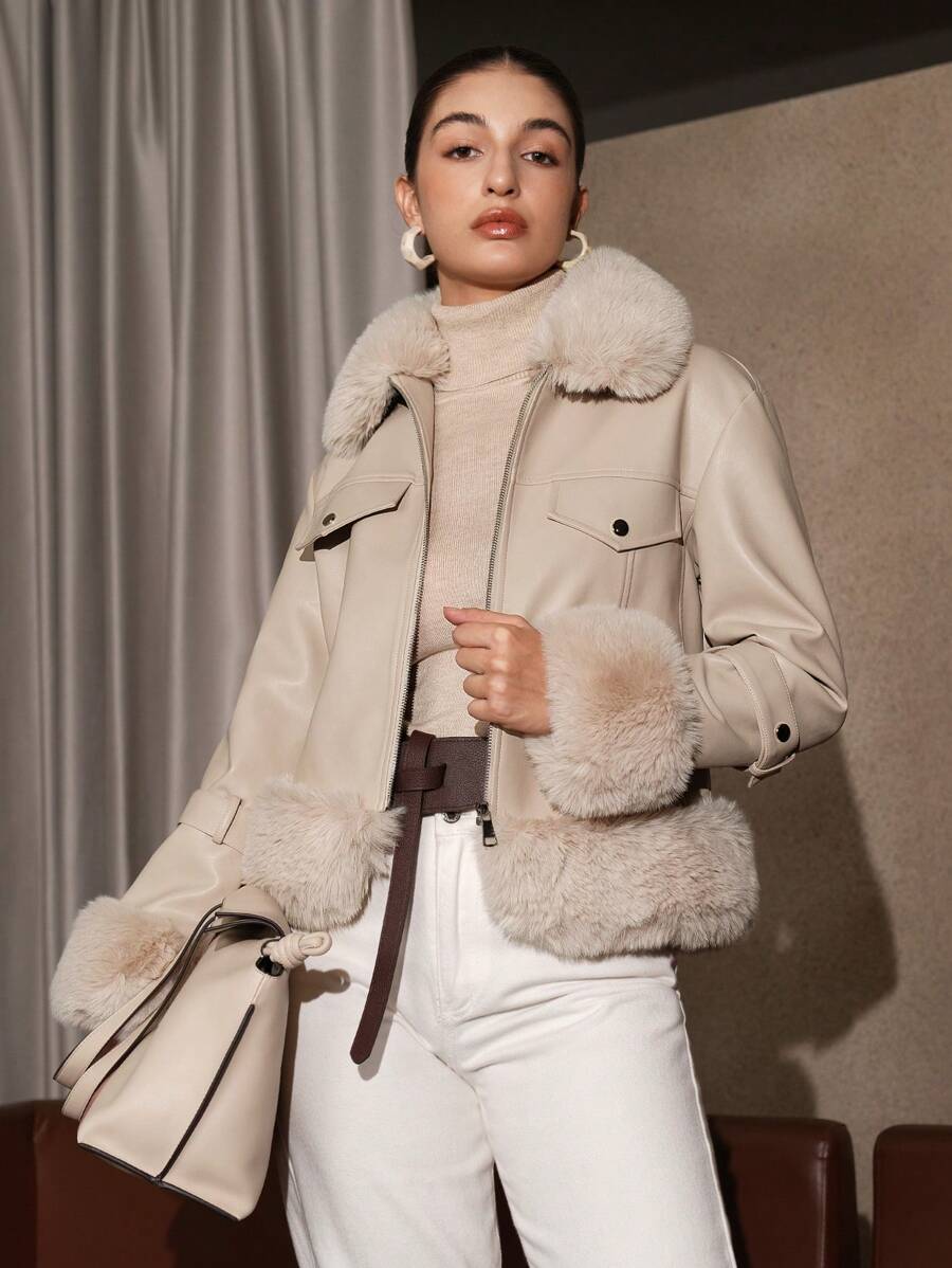 Anewsta Flap Detail Fuzzy Panel Zipper Up Jacket - Beige - View 1