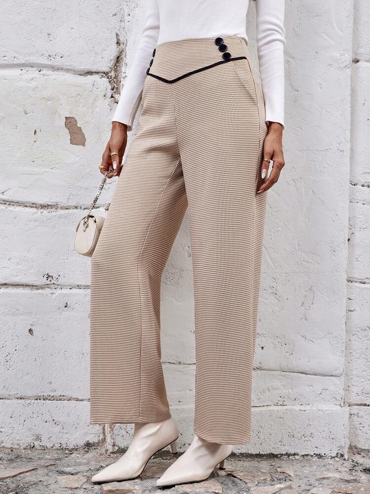Houndstooth Print Button Detail Wide Leg Pants Fall Cloth For Women