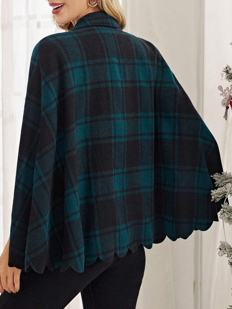1pc Plaid Print Scallop Trim Double Breasted Cape Overcoat