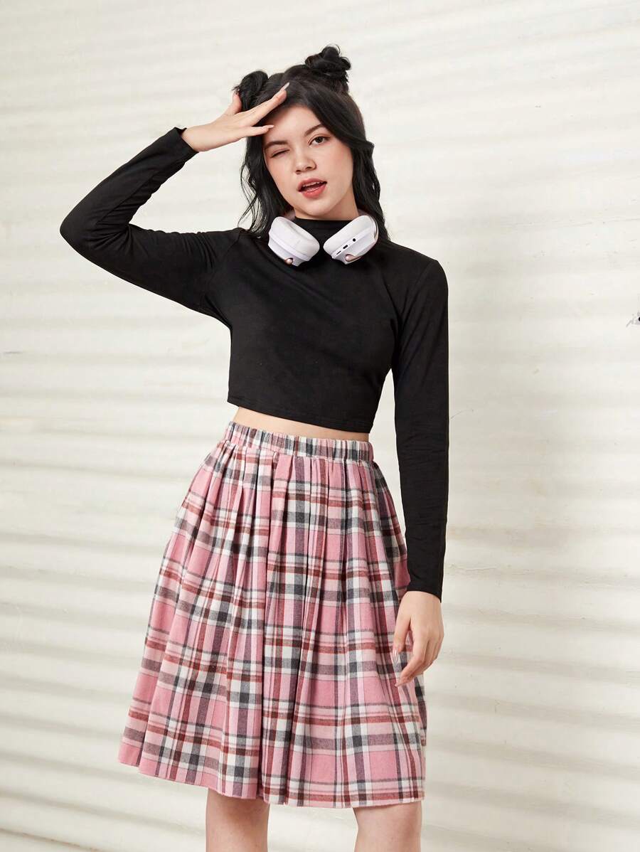 Teen Girls' Elegant Casual High Neck Crop Top & Plaid Mini Skirt Two Pieces Set - Multicolor - View 1