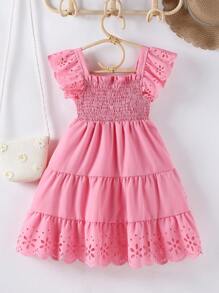 SHEIN Chica Joven Vestido con abertura láser ribete con fruncido - Rosa - Ver 2