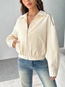 SHEIN EZwear Dây kéo Thả vai Áo khoác - Màu be - Xem 3