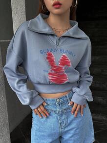 Dazy Designer Letter & Cartoon Graphic Drop Shoulder Crop Sweatshirt,Fall Clothes - Blue - View 6