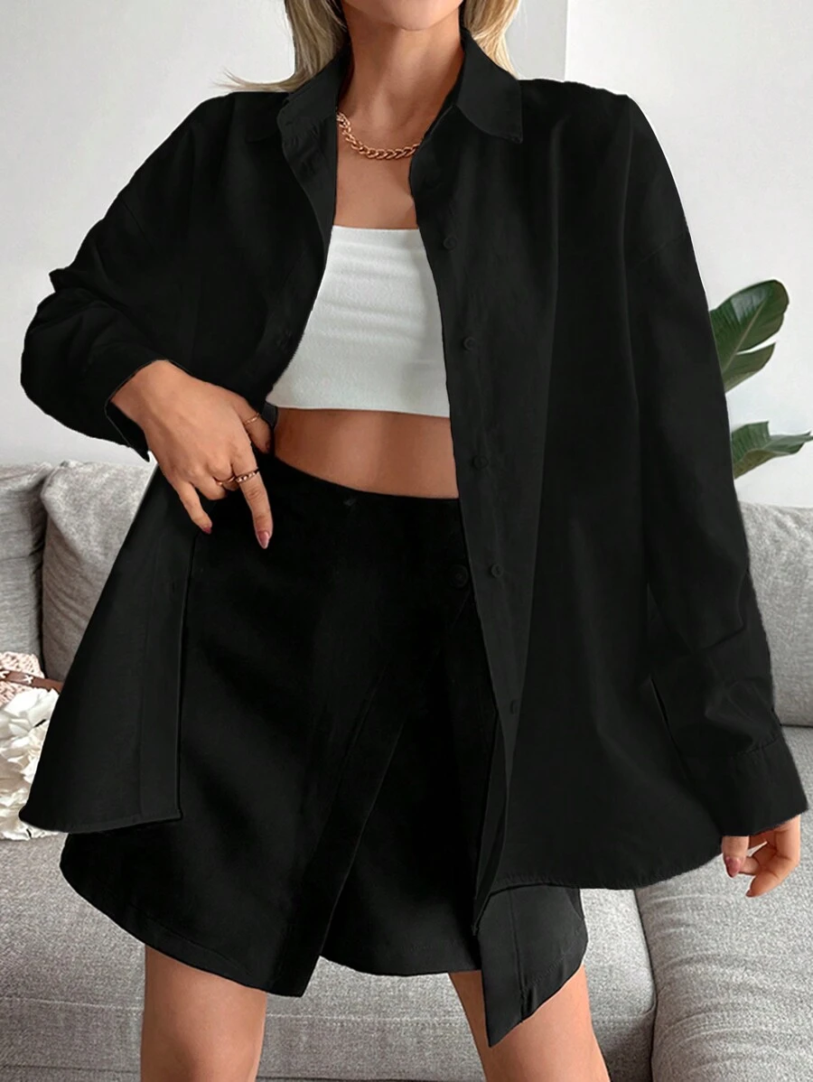 Cottnline Solid Button Front Shirt - Black - View 1
