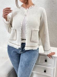 SHEIN Privé Hơn Túi Kép Xén Thô Mở Mặt trước Tweed Áo khoác - trắng - Xem 3