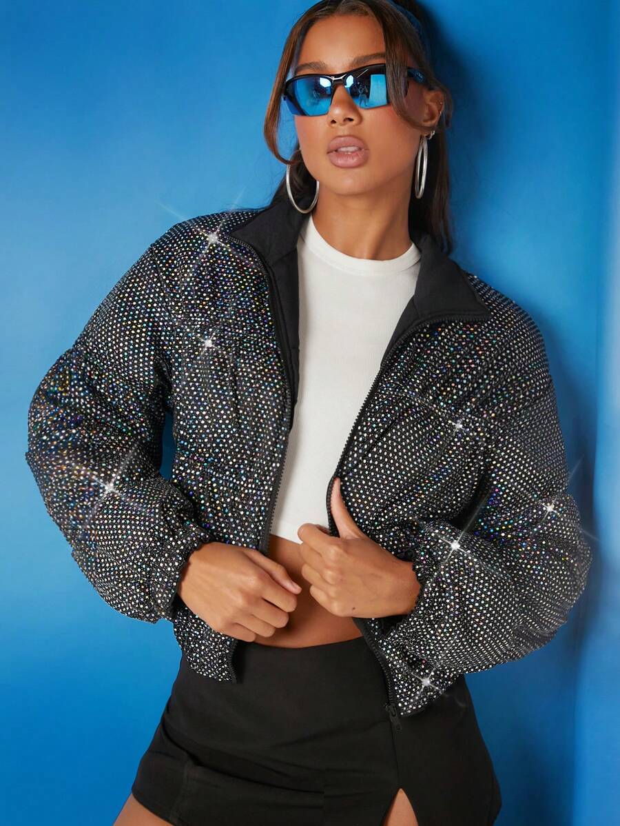 Hauture Zip Up Sequin Padded Coat For Winter - Multicolor - View 1