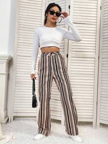 SHEIN Unity Striped Print Straight Leg Pants Fall Cloth For Women - Brown - View 4
