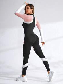 SHEIN Sport Studio Colorblock Half Zip Front Slim Fit Sports Jumpsuit Full
