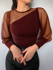 EURMUSE Contrast Mesh Lantern Sleeve Top - Red - View 4