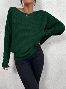 SHEIN Privé Cổ thuyền tay cánh Áo len - Màu xanh lá cây đậm - Xem 3
