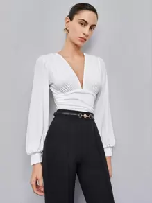 SHEIN BIZwear 深V領抽褶腰燈籠袖連身背心 - 白色 - 查看 7